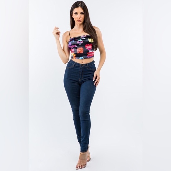 Bear Dance Vegas Light Neon Sign Influencer Printed Satin Sleeveless Crop Top - Picture 2 of 6